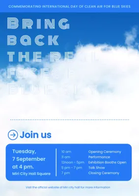 Promote an environmental event with a simple light blue and white color scheme